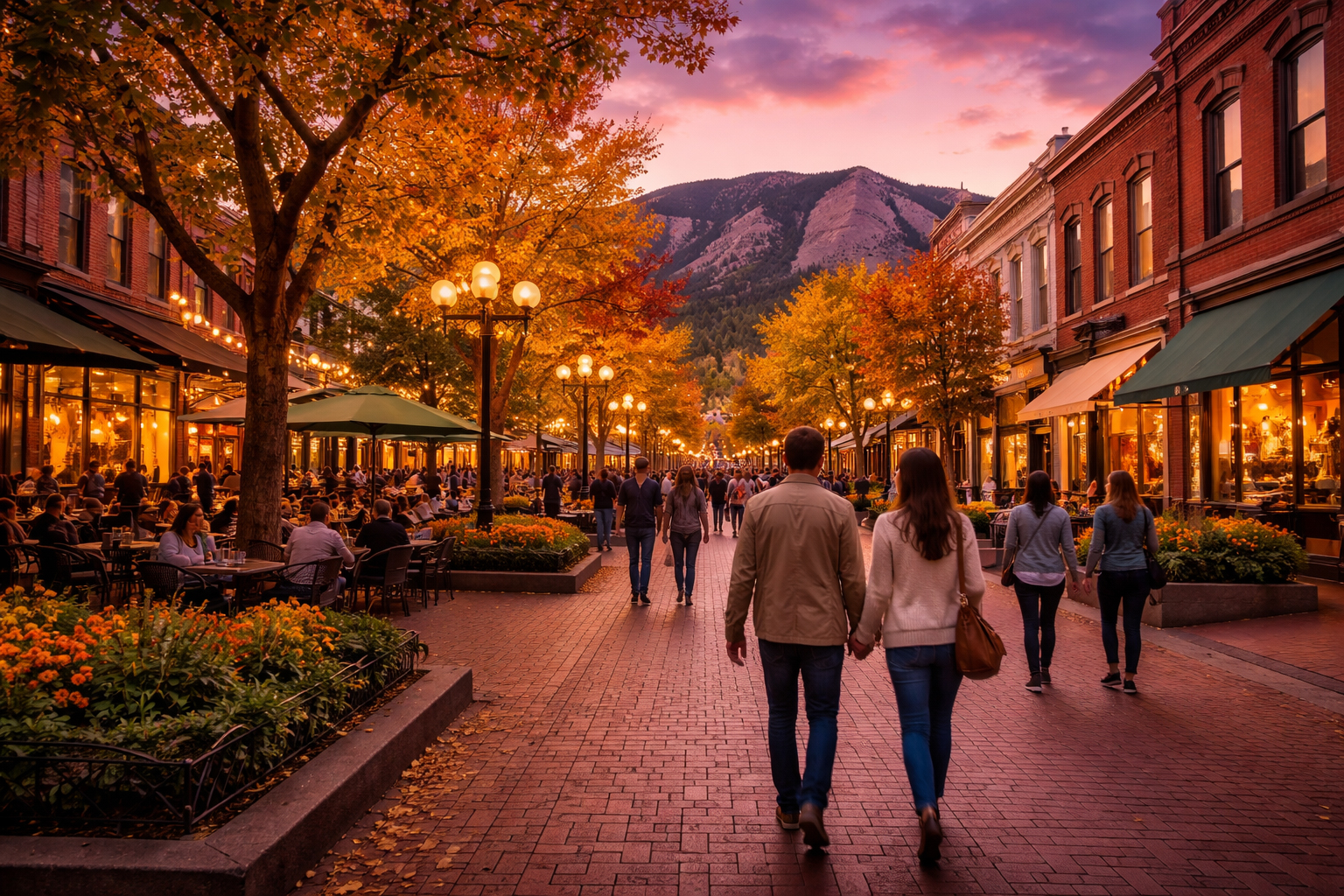 Pearl Street at sunset in Boulder